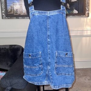 Free People Blue Denim Overall Mini Dress with Front Patch Pockets